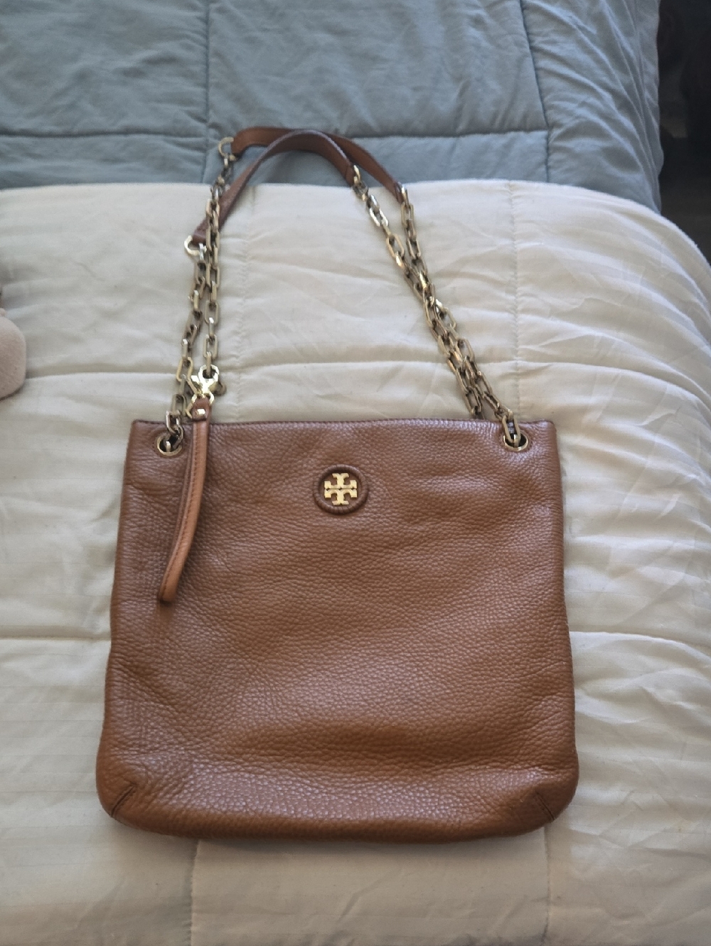 Tory Burch Tan Pebbled Leather Chain-Shoulder Tote